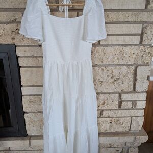White Puff Sleeve Smocked Maxi Dress